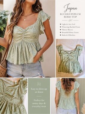 Japna Sage Green Ruched Peplum Top | Boho Cottagecore Flutter Sleeve | Size M